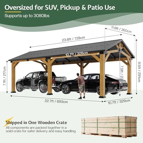 jocisland 12x24x9.5 ft cedar wood carport with galvanized shown in use
