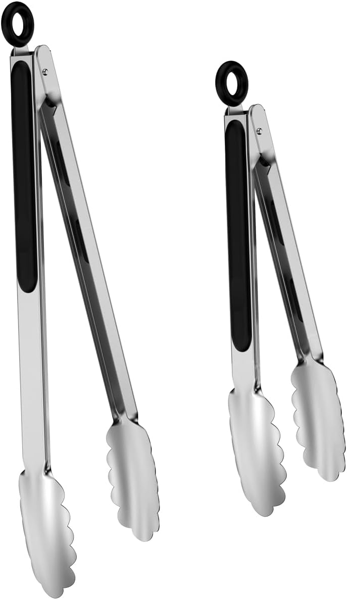 600℉ Heat Resistant Kitchen Tongs with Locking, Set of 9-inch and 12-inch Stainless Steel Metal Cooking Tongs with Non-Slip Grip, Perfect for Grilling, Barbecue (BBQ) and More