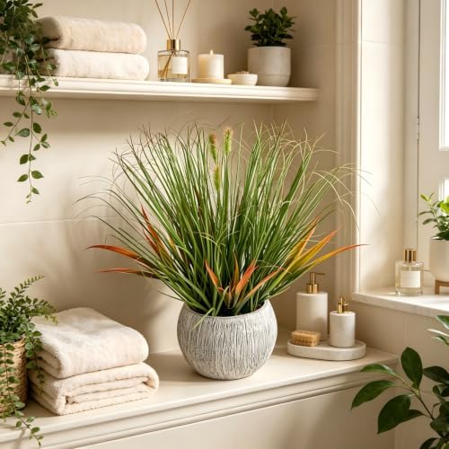 alphaacc 16.5" fake grass in gray stripe pot on a desk or shelf