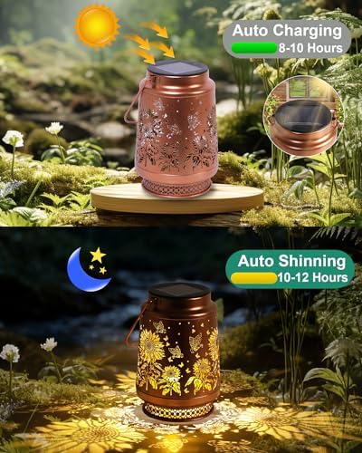 2 Pack Sunflower Solar Lanterns Outdoor Waterproof, Garden Decor Birthday Gifts for Women Mom Grandma Sister, Metal Hanging Solar Lights Outside Decorative for Backyard Patio Lawn Pathway Landscape