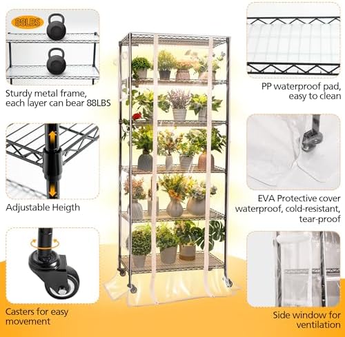 meonum indoor greenhouse with grow lights, 6 tier, close-up detail