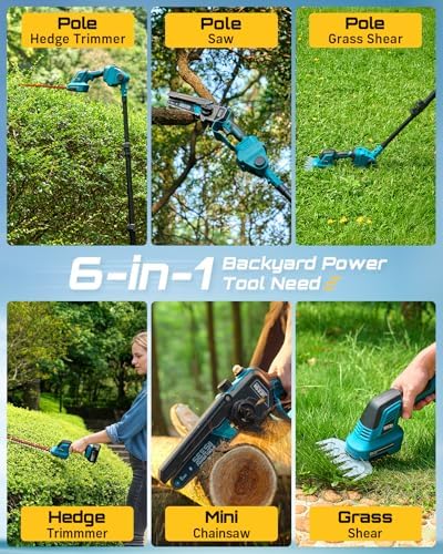 seesii 6-in-1 cordless pole saw & hedge trimmer shown in use