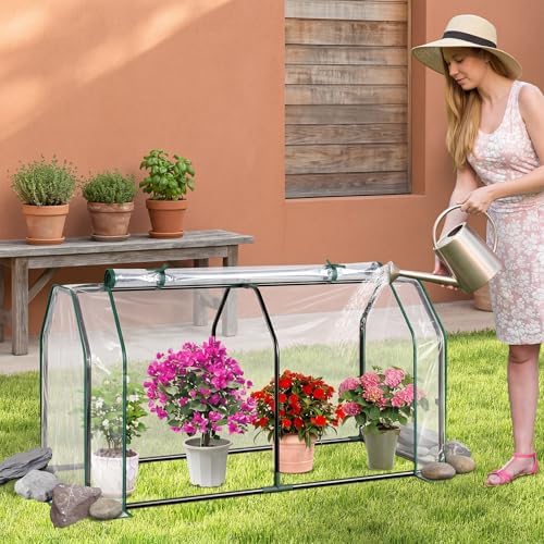 happygrill portable mini greenhouse w/roll-up zipper door &, front angle view