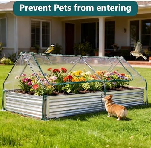 dumos galvanized raised garden bed with cover, clear on a desk or shelf