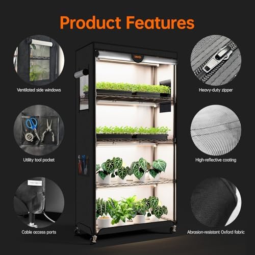 bstrip indoor greenhouse with grow light oxford cover, side view