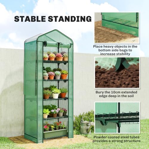 outsunny 5 tier mini greenhouse w/ screen roof, front angle view