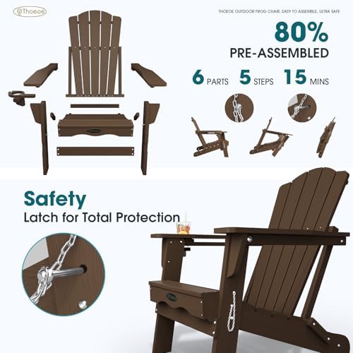 THOEOE Folding Adirondack Chair Set of 2, HDPE Plastic Patio Chairs | All-Weather Outdoor Chairs, Oversized Fire Pit Chairs, with Cup Holder, Wood Grain, for Deck, Backyard, Garden, Lawn, Brown