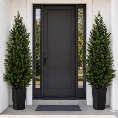 5ft artificial topiary trees with black planter, tall, close-up detail