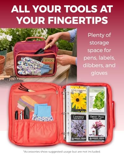 seed storage organizer bag, seed envelopes binder, homesteading shown in use