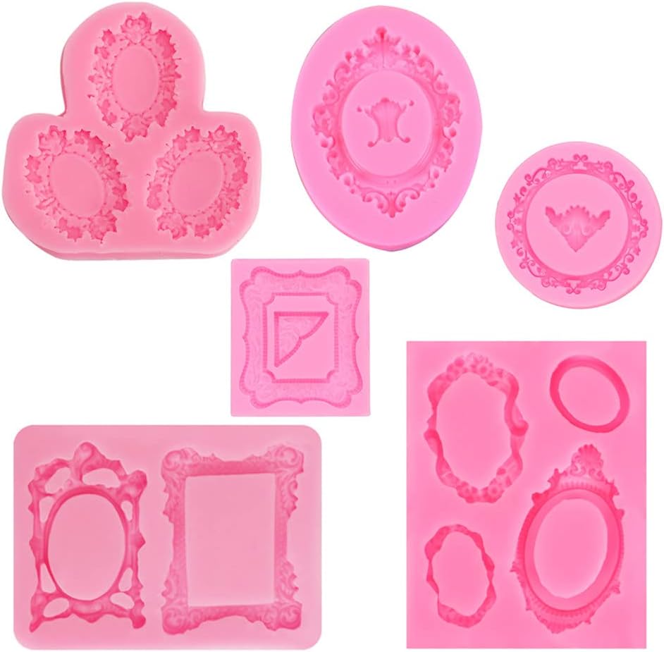 D-Doner 6 pcs Picture Frames Fondant Molds Photo Mirror Silicone Wedding Cake Decorating Mold for Cookie, Chocolate, Candy, Cupcake Topper, Polymer Clay, Soap Wax Making