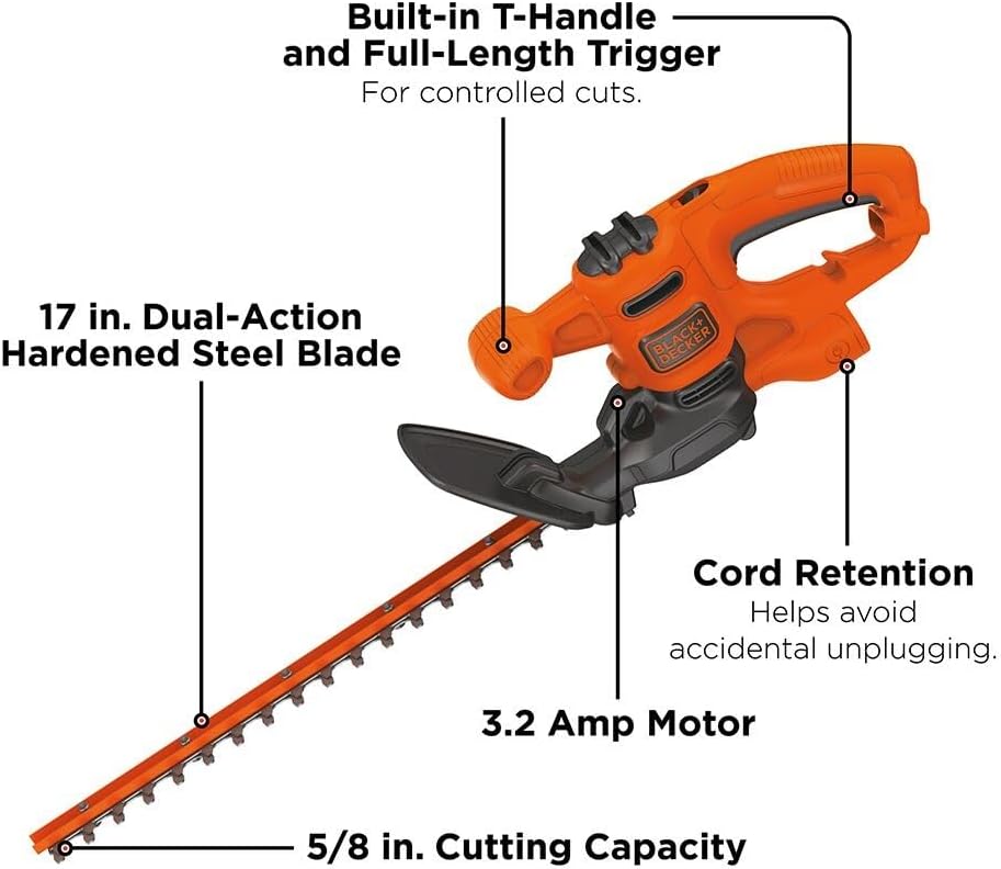 BLACK+DECKER Electric Hedge Trimmer, 17-Inch Corded 3.2 Amp, Dual Action, Reduced Vibration, Cleaner Cut, Lightweight, 3800 Cuts per Min (BEHT150)