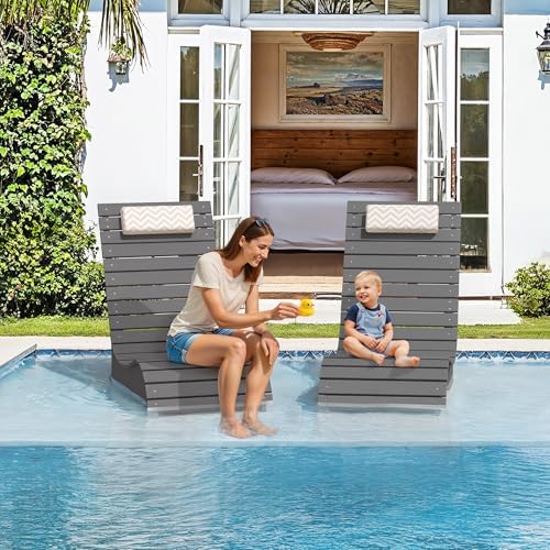 Pool Chairs Set of 2, Fade-Proof for Shallow Water with Headrest | Anti-Floating Pool lounge chairs fit 8–10in baja shelf, tanning chair, all-weather HDPS frame, non-slip build, up to 330 lbs