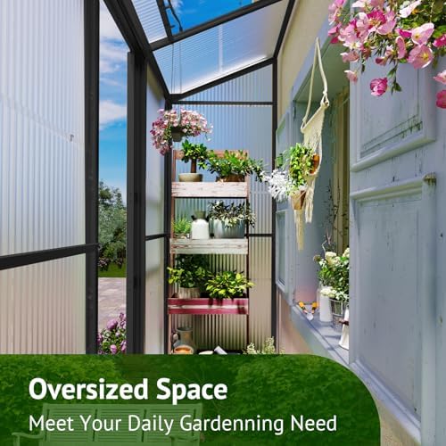 lean-to polycarbonate greenhouse 6x2 ft, black, outdoor garden, front angle view