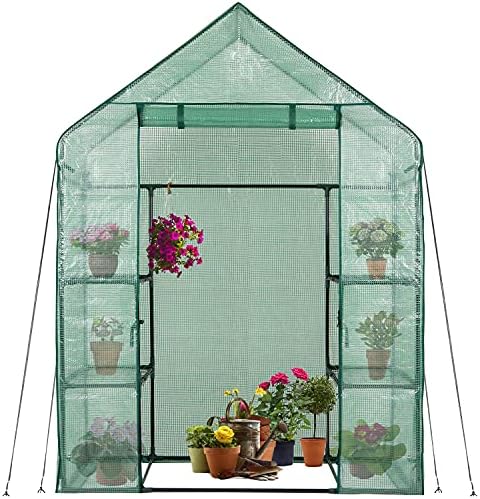 greenhouse, green house 3 tiers 6 shelves stands shown in use