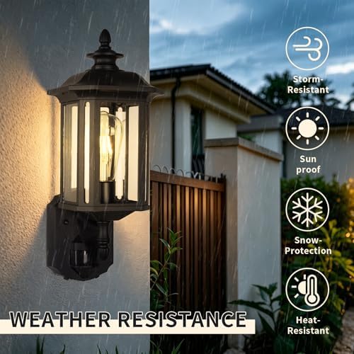 JYO 16" Motion Sensor Outdoor Wall Light Fixtures, Outdoor Wall Sconce with Seeded Glass & E26 Socket Matte Black Wall Mount Exterior Waterproof Wall Lantern for House Front Door Garage (01-BK-MA)