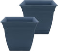 The HC Companies 10 Inch Eclipse Square Planter Pots with Drainage Holes & Attached Saucer, Lightweight UV-Resistant Plastic Indoor Outdoor Planters, 2-Pack Flower Pots, Garden Home Decor, Slate Blue