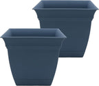The HC Companies 10 Inch Eclipse Square Planter Pots with Drainage Holes & Attached Saucer, Lightweight UV-Resistant Plastic Indoor Outdoor Planters, 2-Pack Flower Pots, Garden Home Decor, Slate Blue