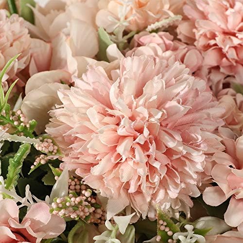 peonies artificial flowers in vase, fake hydrangea silk, close-up detail