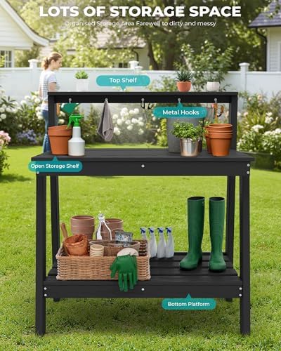 serwall 3-tier outdoor potting bench with storage,gardening table,black,2pc, front angle view