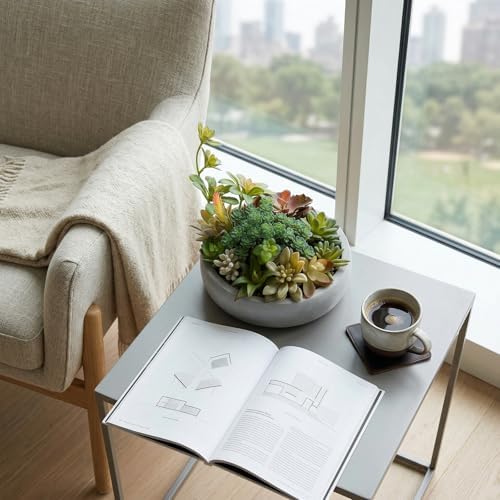 mygift artificial succulent arrangement in round gray cement shown in use