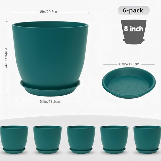 Plant Pots 8 Inch Set of 6, Flower Pots with Drainage Holes and Saucer, Plastic Garden Planters for Indoor & Outdoor Plants (Deep Green)