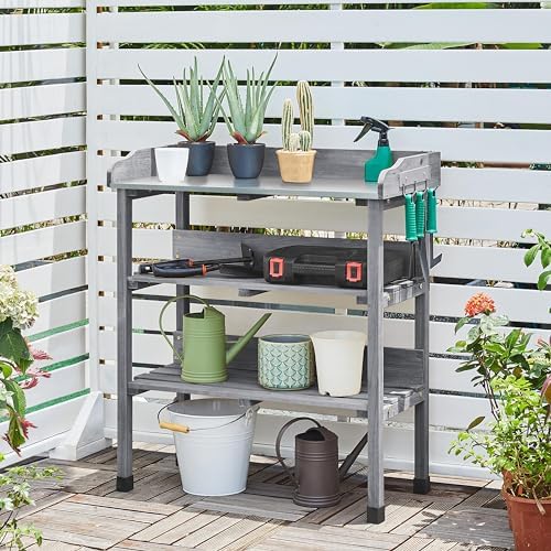 yaheetech potting bench outdoor console table w/3-tier storage,gray shown in use