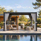 aoxun louvered pergola 12x14 all-aluminum, waterproof curtains and shown in use