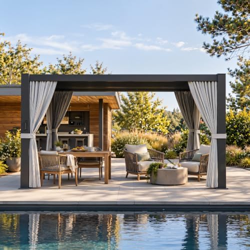 aoxun louvered pergola 12x14 all-aluminum, waterproof curtains and shown in use