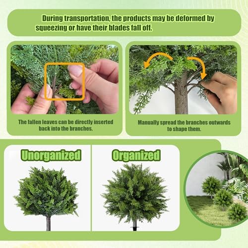 artificial cedar topiary ball tree with ground spike:, side view