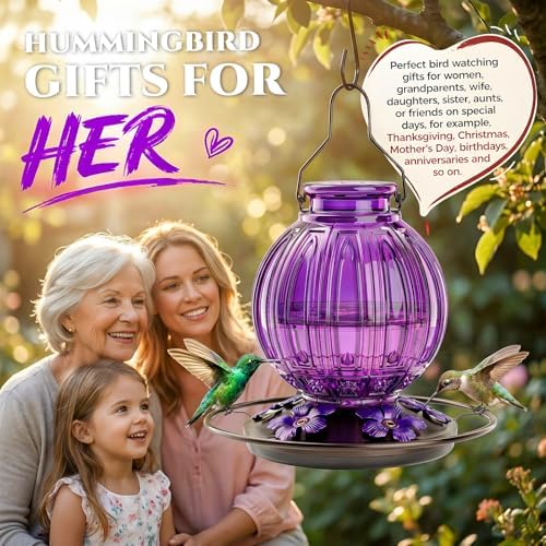 Glass Hummingbird Feeder for Outdoors Hanging, 26 fl oz Bird Nectar Feeder | 5 Metal Flower Feeding Ports, 360° Perch Ring, Easy Refill Clean, Leakproof, Ideal for Backyard Garden Outdoor Decor, Purple
