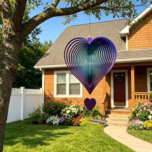 DJUAN 15in Large Heart Wind Spinner Garden Decor,Gifts for Women,Mom and Grandma,Mother's Day,Birthdays, Purple-Green Stainless Steel Hanging Yard Art Outdoor & Indoor Decorations