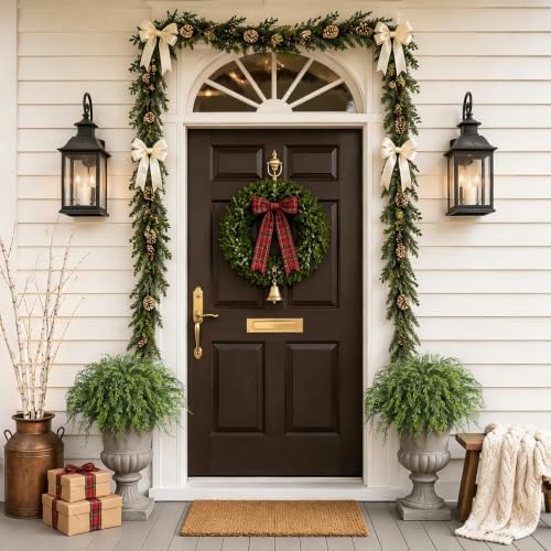 artificial christmas cedar topiary ball tree for front shown in use