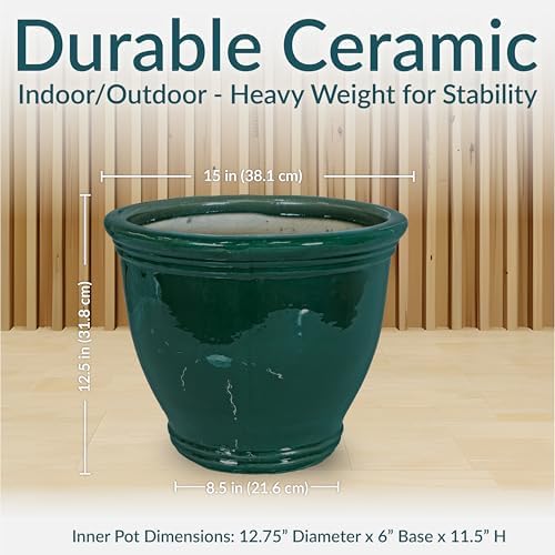 sunnydaze studio 15" round ceramic planter, dark green showing dimensions