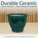 sunnydaze studio 15" round ceramic planter, dark green showing dimensions