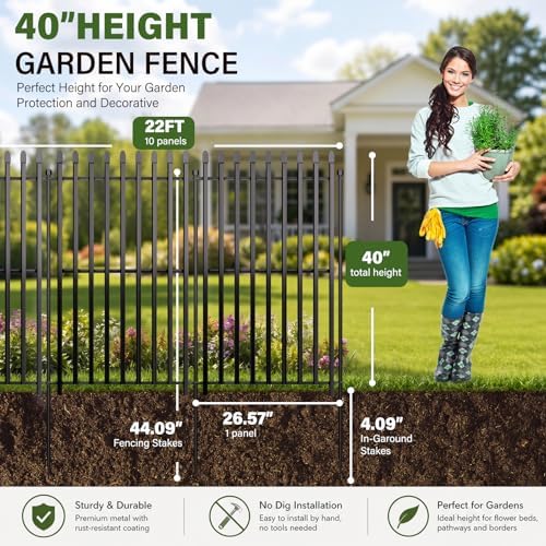 no dig decorative garden fence, 40in(h)×22ft(l), 10 panels shown in use