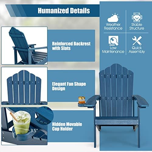 Giantex Outdoor Adirondack Chair - Oversized Patio Chairs w/Hidden Cup Holder, Realistic Wood Grain, 380 LBS Weight Capacity, Weather Resistant Firepit Chairs for Backyard, Garden (2, Navy)