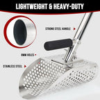 sand scoop for metal detecting, stainless steel metal, close-up detail