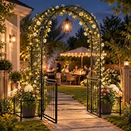 vingli garden arbor arch with gate and planter shown in use