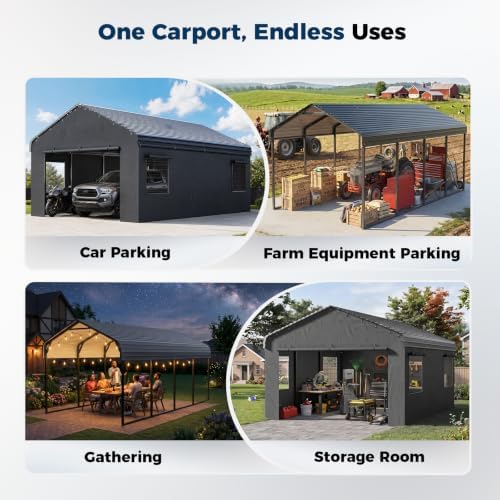 homshade 12x20ft metal carport with removable sidewalls &, front angle view