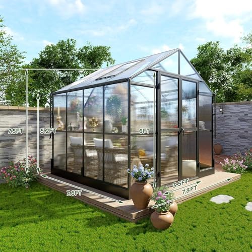 howe 8x8x7.5 ft polycarbonate greenhouse with lockable swing on a desk or shelf