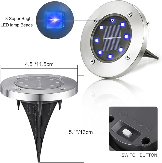 LYHOPE Solar Ground Lights Outdoor, 16 Pack 8 LED Solar Disk Lights Waterproof Garden In-ground Pathway Lights Landscape Lighting for Lawn,Yard,Deck,Patio,Walkway (Blue)