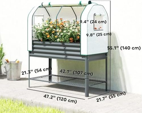 outsunny galvanised raised garden bed with greenhouse cover on a desk or shelf