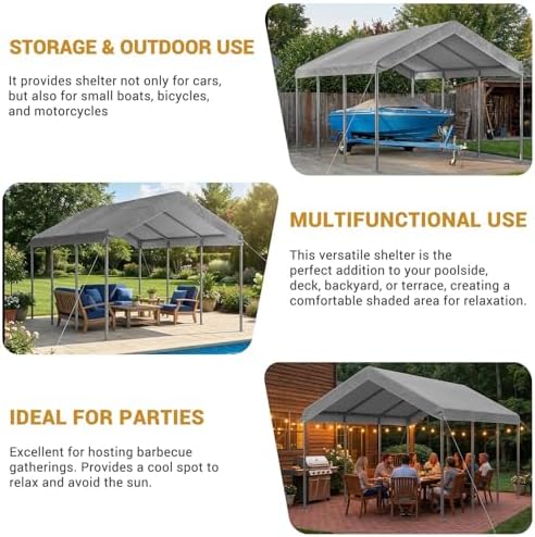 aoxun 10x20 ft heavy duty carport, adjustable height showing dimensions