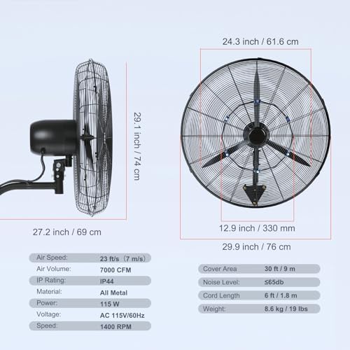vevor 24 inch 3-speed 7000 cfm black waterproof, close-up detail