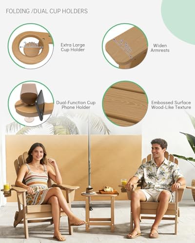 Outdoor HDPE Folding Adirondack Chair Set of 4, High Back Wide Seat Patio Chair with Cup Holders, All-Weather Fire Pit Chair for Garden,Lawn,Poolside, Teak