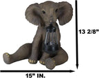 Ebros Safari Savanna Wildlife Animal Melee Adorable Pachy Elephant Statue Home Patio Decor Figurine with Solar LED Light Lantern Lamp 13.75" H Guest Greeter Courtesy Light Path Lighter Sculpture