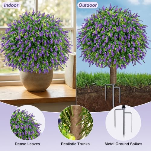 24.7" artificial boxwood topiary ball trees with lavender, close-up detail