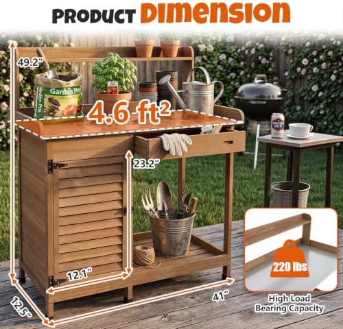 outdoor potting bench with metal top, sliding drawer, side view