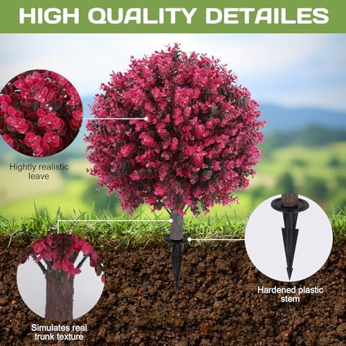 set of 2 artificial red eucalyptus topiary ball, close-up detail