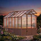 modern shade everbloom 6.5'x12' wooden greenhouse, 8' extra-tall shown in use